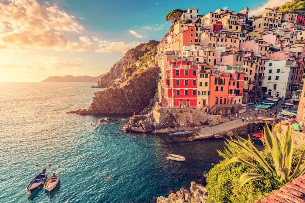 Colourful Cinque Terre coastline glowing at sunset
